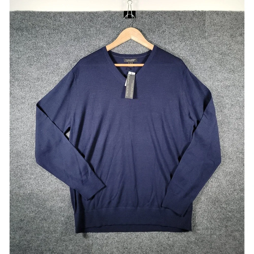 Banana Republic Mens Navy Blue 100% Extra Fine Merino Wool V-Neck Sweater Large